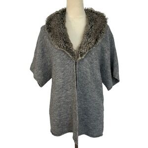 Chico's Faux Fur Collar Open Front Cardigan Sweater Wool Blend Cape Gray Women 1